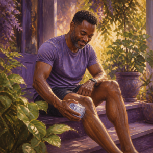 Black man in his 40s gliding an ice massage cup over his calf after a jog