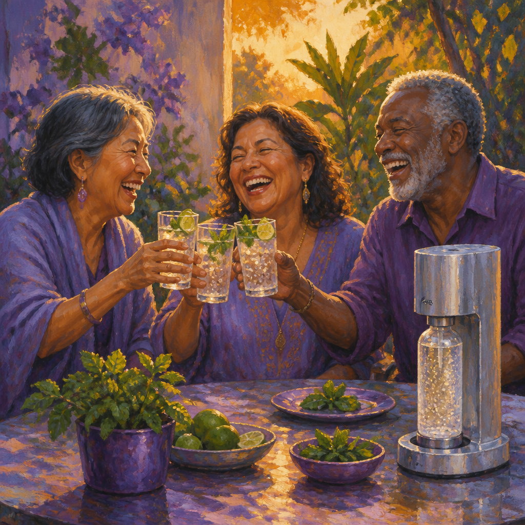 Diverse friends in their 60s toasting with sparkling water beside a sparkling water maker