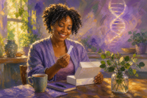 Painterly scene of a woman in her 40s holding an at-home biological age saliva test at a sunlit kitchen table