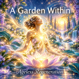A woman glowing among lotus flowers and water, artwork for the A Garden Within affirmation song