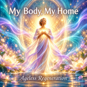 A peaceful figure surrounded by swirls of light, flowers and water, artwork for the My Body, My Home affirmation song