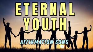 Eternal Youth affirmation song artwork with joyful silhouettes at sunset
