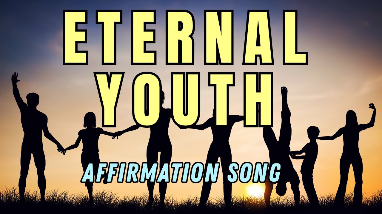 Eternal Youth affirmation song artwork with joyful silhouettes at sunset