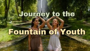 Journey to the Fountain of Youth artwork with two women by a fountain in lush greenery