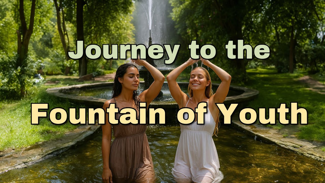Journey to the Fountain of Youth artwork with two women by a fountain in lush greenery