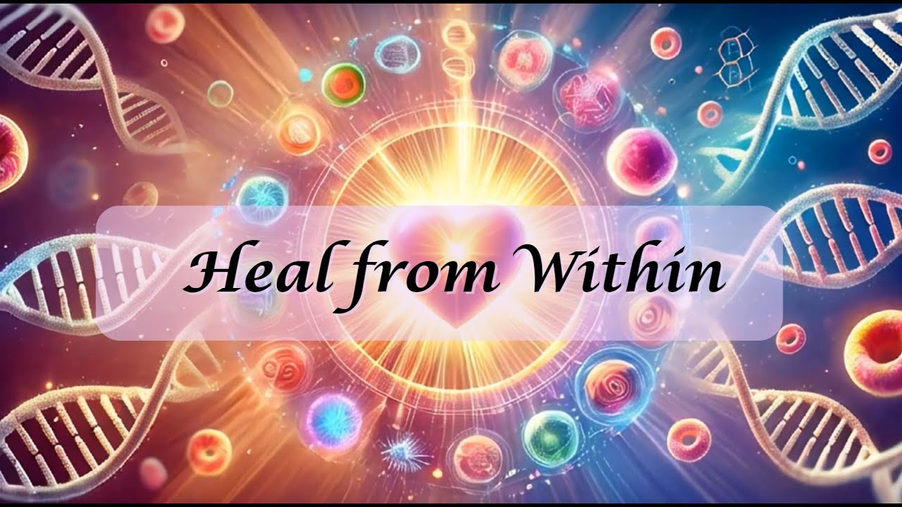Heal from Within artwork with a radiant heart surrounded by DNA strands and light