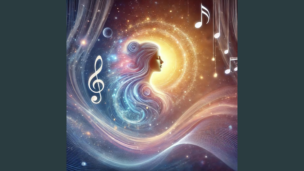 Cellular Harmony artwork with a woman's silhouette in swirling cosmic light and musical notes
