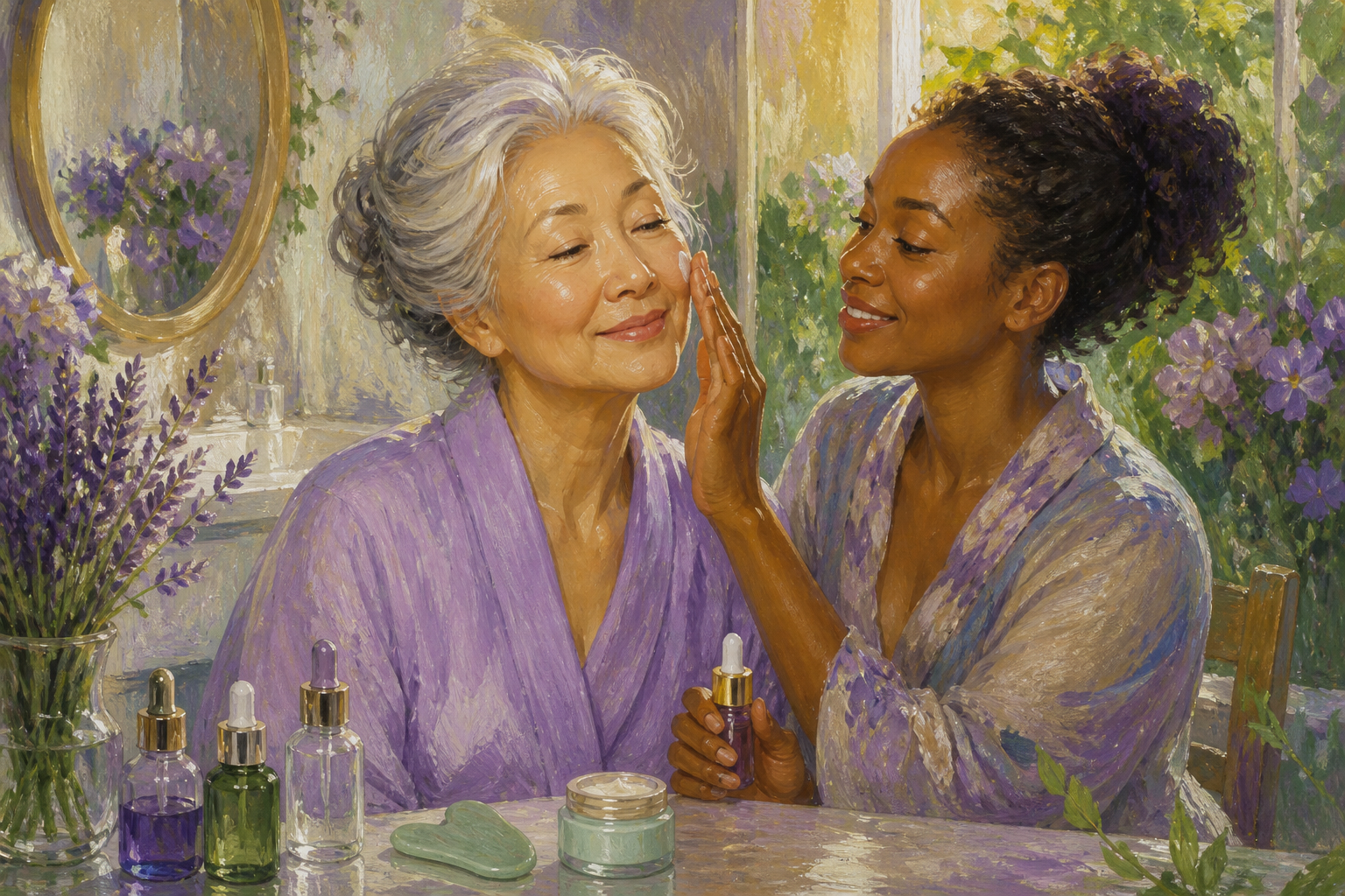 Painterly scene of two women of different ages applying serum at a sunlit vanity with lavender and a gua sha stone